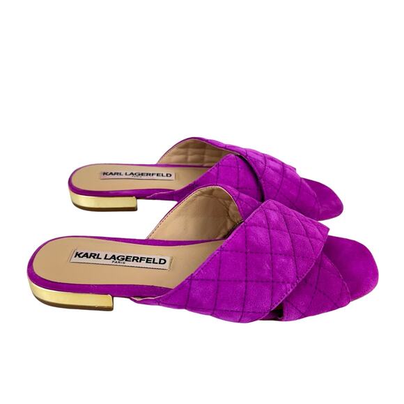 Karl Lagerfeld Rae Magenta Purple Suede Leather Quilted Open Toe Slide Sandals - Picture 4 of 11